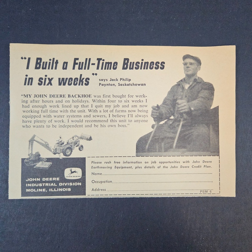 1961 John Deere Earthmoving Equipment Backhoe Vintage Print Ad Moline IL Mancave